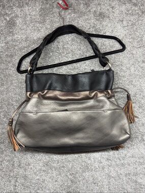 Derek Alexander Leather Shoulder Bag Metallic Pewter Bronze Black Braided Tassel